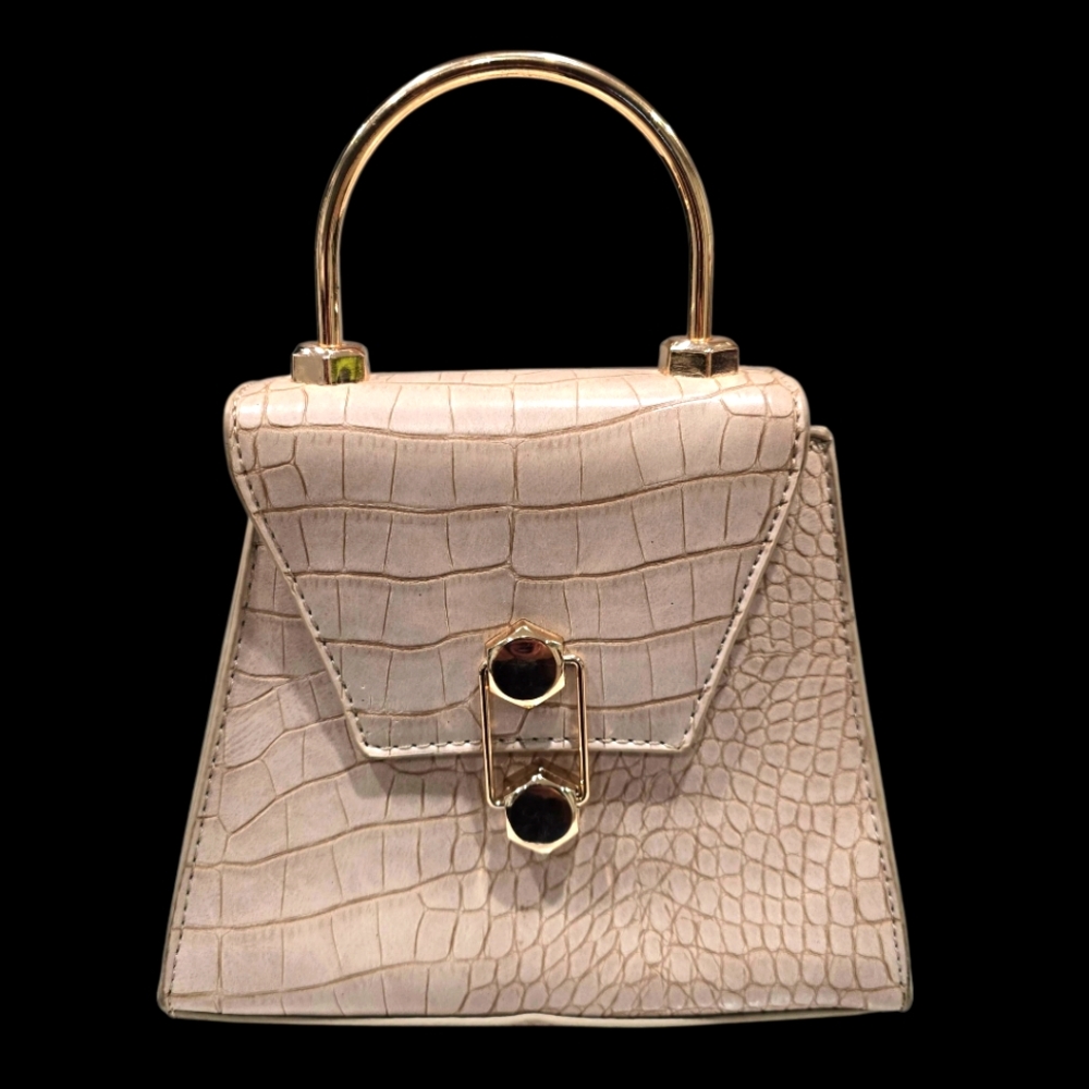 Badgley Mischka Handbag Purse Croc Embossed Beige Gold Hardware Trapezoid Frame